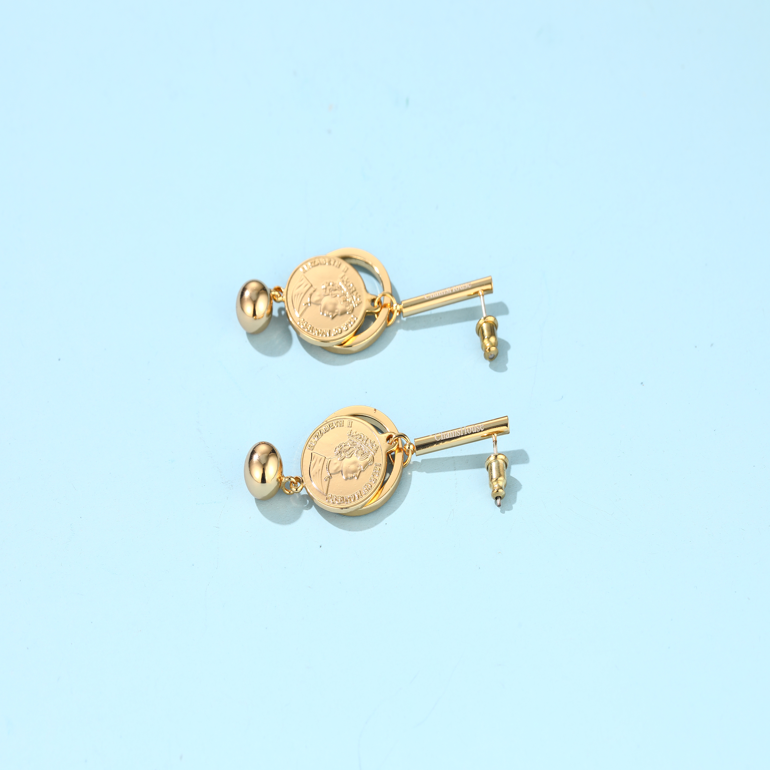 ChainsHouse Gold Earrings Elizabeth Portrait Hoop Dangle Drop Disc Minimalist Women Jewelry Gift for Her