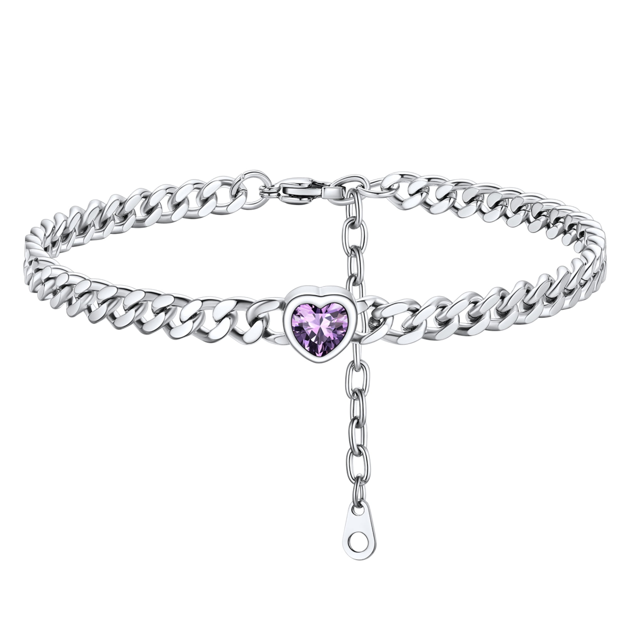 ChainsHouse CubanChain Anklets for Women with Heart Jan-Dec Birthstone,Stainless Steel 6mm Link Chain Adjustable Ankle Bracelet for Girls Growth Birthday Gift