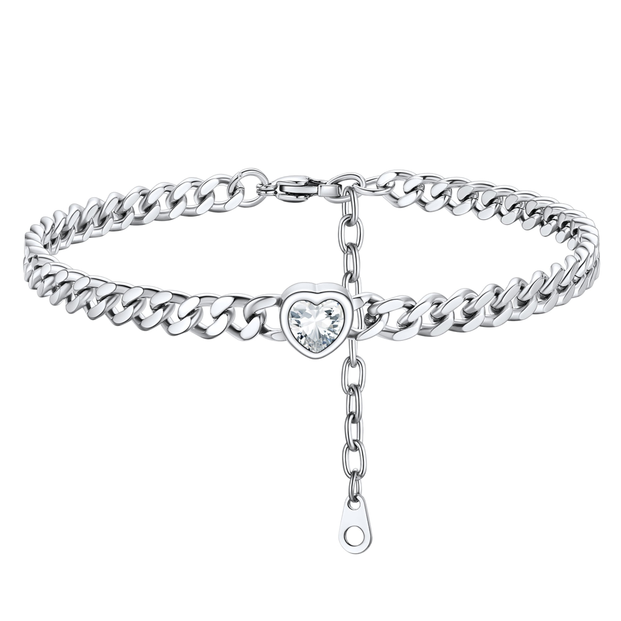 ChainsHouse CubanChain Anklets for Women with Heart Jan-Dec Birthstone,Stainless Steel 6mm Link Chain Adjustable Ankle Bracelet for Girls Growth Birthday Gift