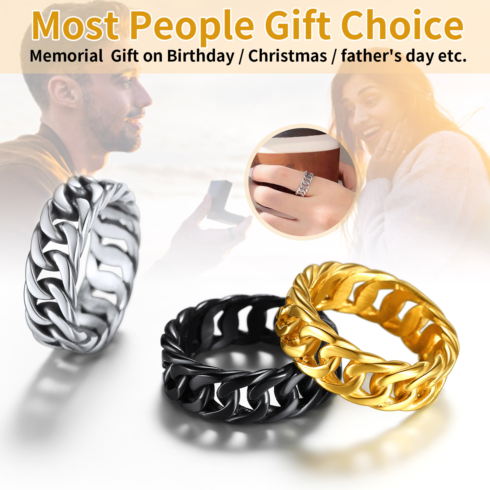 ChainsHouse Band Cuban Rings for Men,Stainless Steel Hip Hop Rings for Women Jewerly Birthday Mother's Day Gift,Size 07-14 Ring(Box)