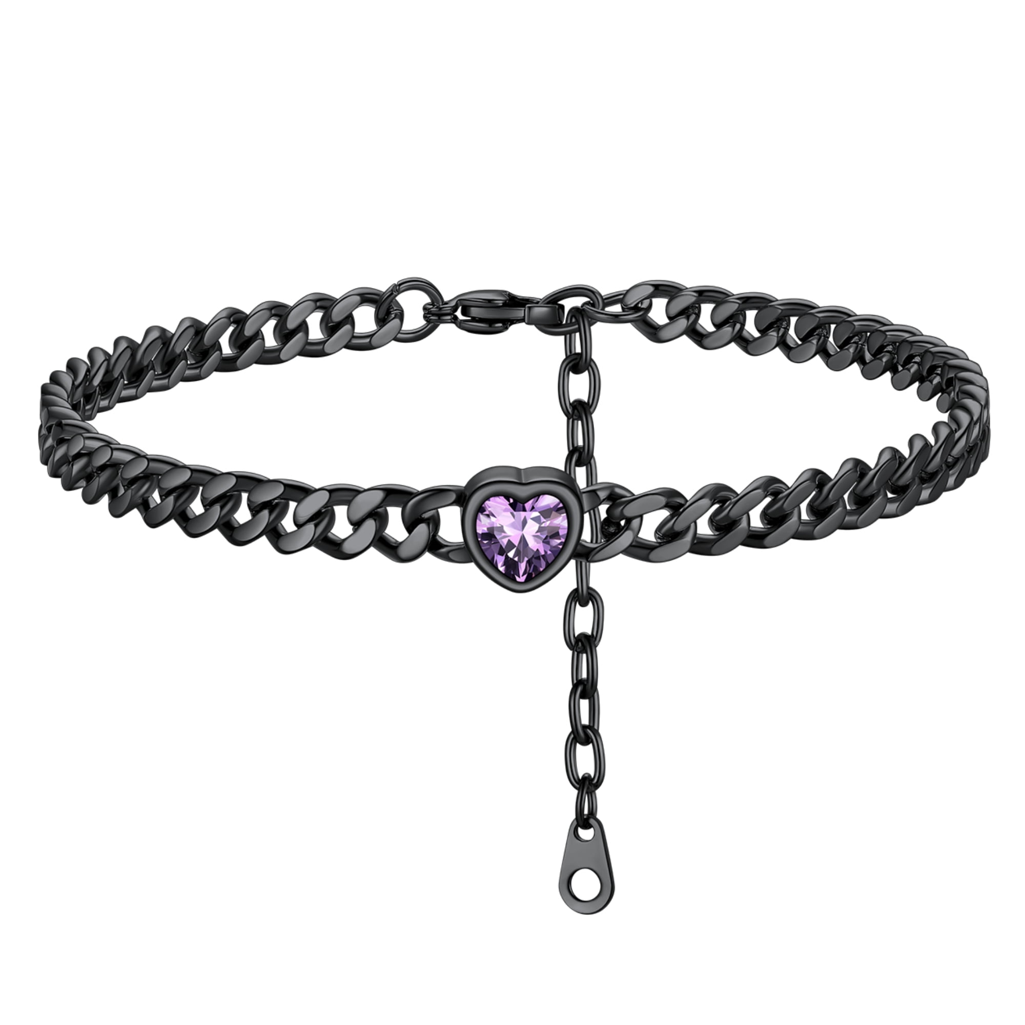 ChainsHouse CubanChain Anklets for Women with Heart Jan-Dec Birthstone,Stainless Steel 6mm Link Chain Adjustable Ankle Bracelet for Girls Growth Birthday Gift