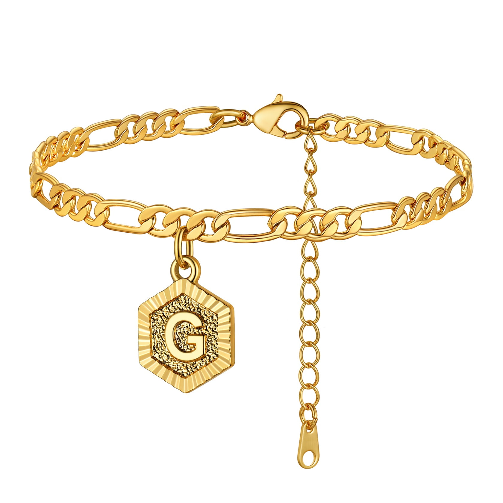 ChainsHouse Ankle Bracelets for Women Initial Anklet,Figaro Cuban Link Gold Anklets Bracelet,Custom Name A-Z Initial, 22-27CM Adjustable(4.5MM), Send Gift Box