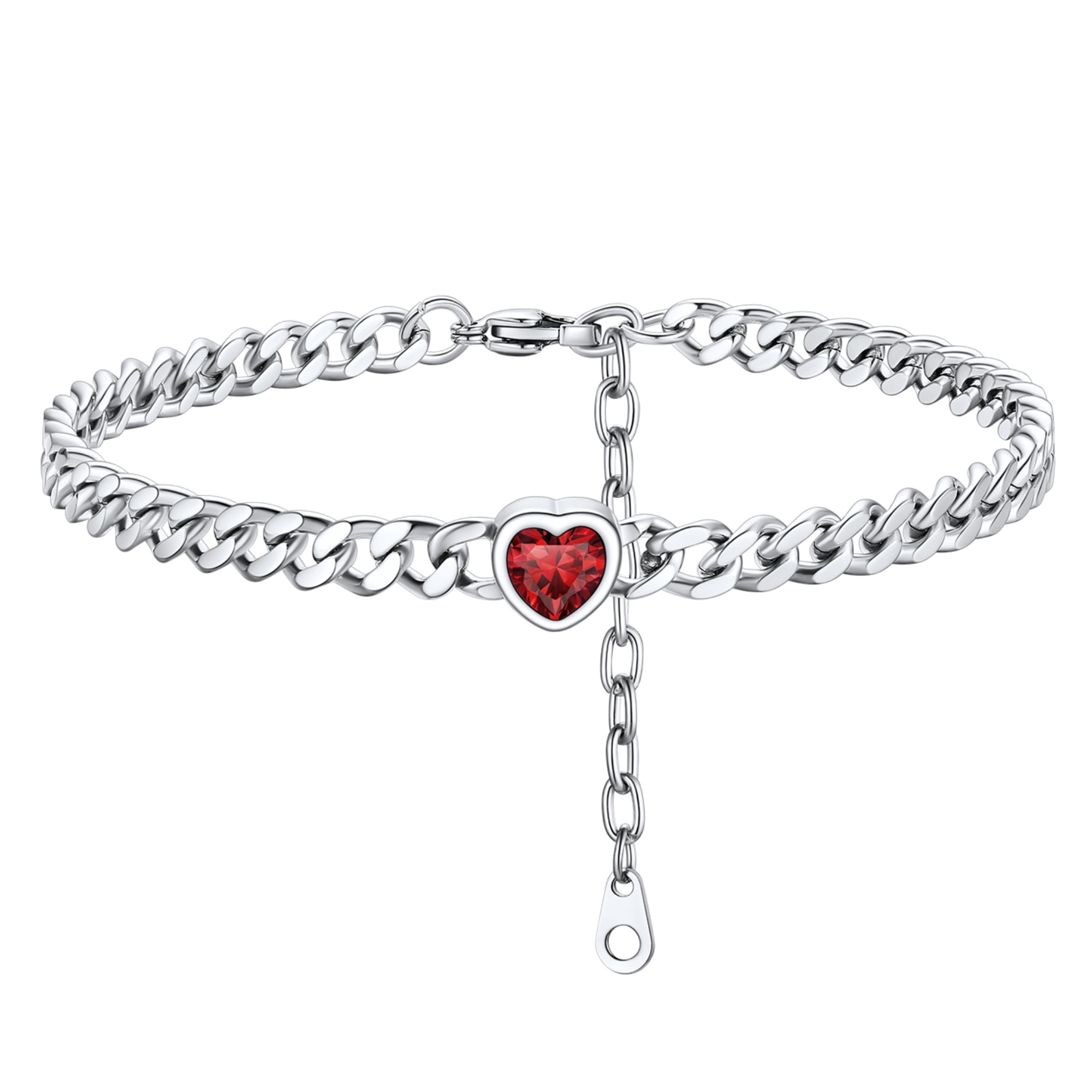 ChainsHouse CubanChain Anklets for Women with Heart Jan-Dec Birthstone,Stainless Steel 6mm Link Chain Adjustable Ankle Bracelet for Girls Growth Birthday Gift