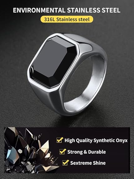 ChainsHouse Mens Black Onyx Mood Ring Square Signet Rings,Pinky Thumb Ring for Dad Birthday Jewelry Gift,Cocktail Finger Ring for Boys Party, Size 7-12��Gift Box��