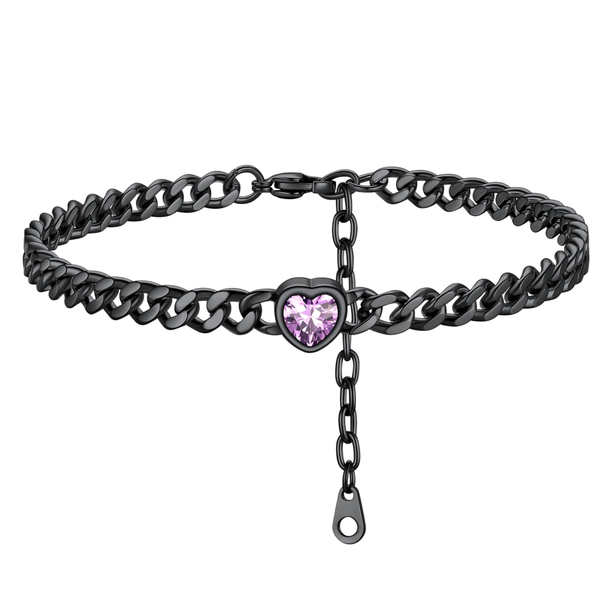 ChainsHouse CubanChain Anklets for Women with Heart Jan-Dec Birthstone,Stainless Steel 6mm Link Chain Adjustable Ankle Bracelet for Girls Growth Birthday Gift