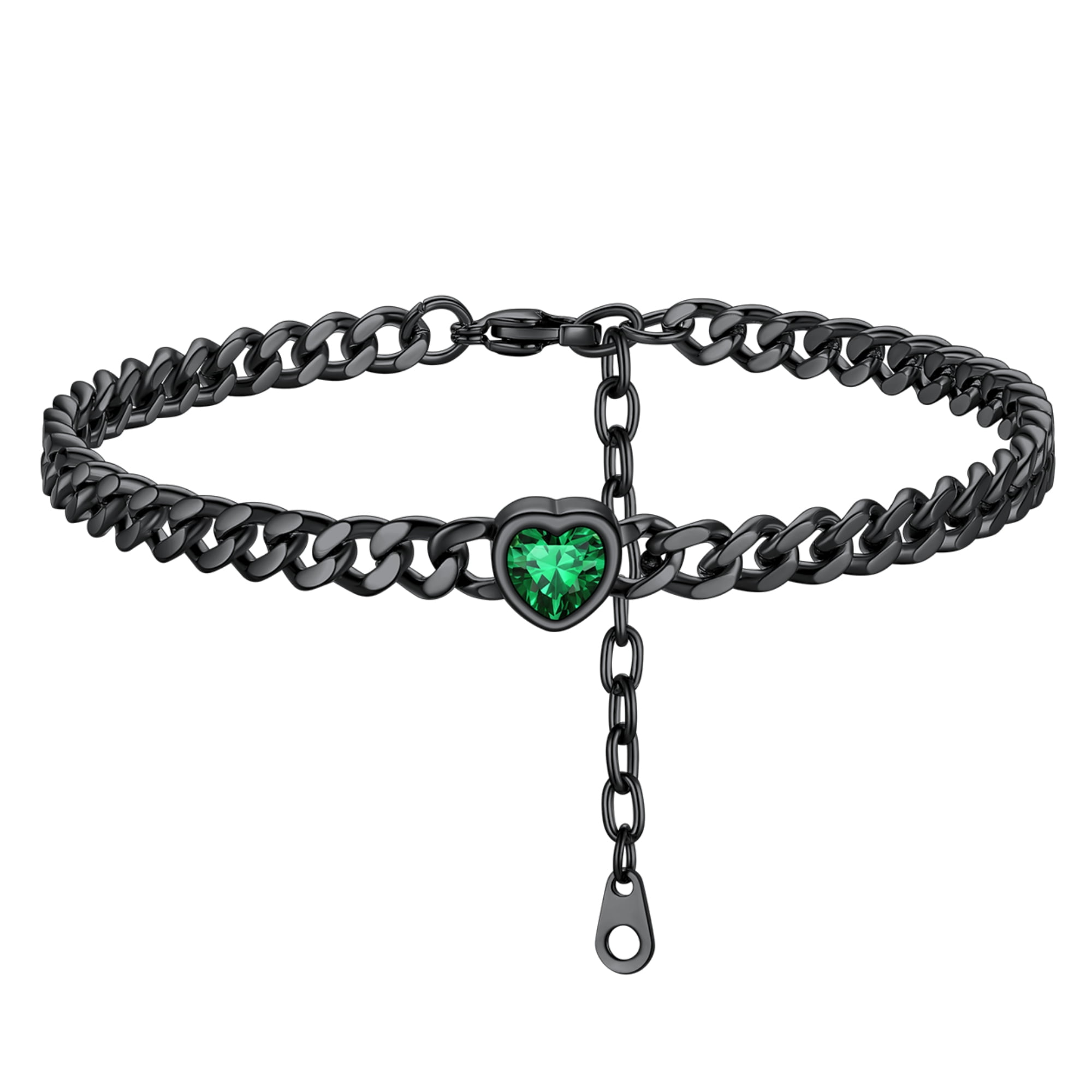 ChainsHouse CubanChain Anklets for Women with Heart Jan-Dec Birthstone,Stainless Steel 6mm Link Chain Adjustable Ankle Bracelet for Girls Growth Birthday Gift
