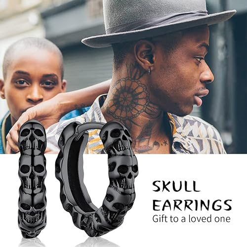 ChainsHouse Skull Sterling Silver Hoop Earrings for Men, Gothic Skeleton Earrings Retro Punk Jewelry for Men Women Halloween Father's Day Gift(Box)