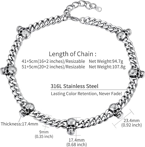 ChainsHouse Cuban Link Skull Necklaces for Men,Stainless Steel Gothic Skeleton Choker  Curb Necklaces Punk Jewelry for Father's Day Gift,16"-20"Length(Box??