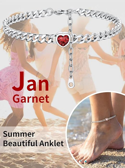 ChainsHouse CubanChain Anklets for Women with Heart Jan-Dec Birthstone,Stainless Steel 6mm Link Chain Adjustable Ankle Bracelet for Girls Growth Birthday Gift