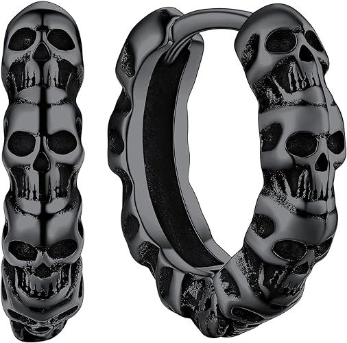 ChainsHouse Skull Sterling Silver Hoop Earrings for Men, Gothic Skeleton Earrings Retro Punk Jewelry for Men Women Halloween Father's Day Gift(Box)
