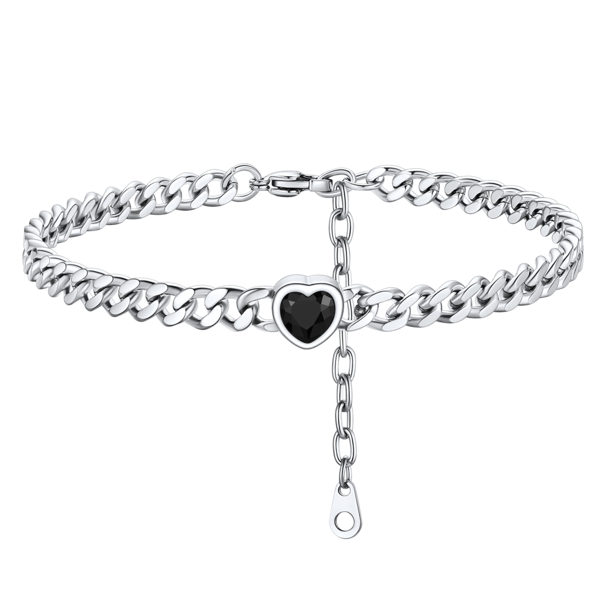 ChainsHouse CubanChain Anklets for Women with Heart Jan-Dec Birthstone,Stainless Steel 6mm Link Chain Adjustable Ankle Bracelet for Girls Growth Birthday Gift