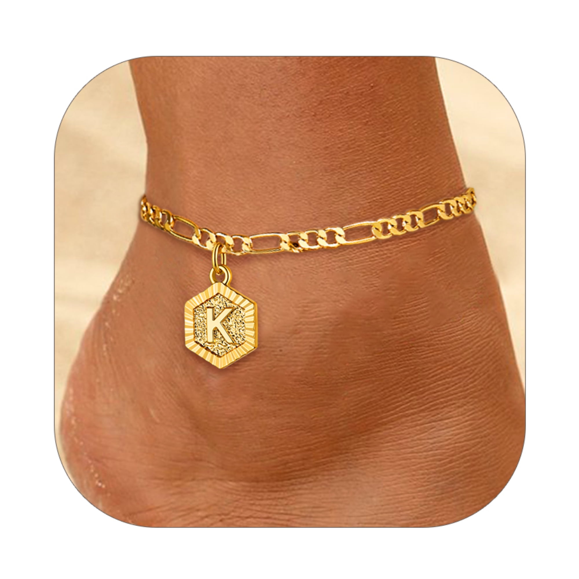 ChainsHouse Ankle Bracelets for Women Initial Anklet,Figaro Cuban Link Gold Anklets Bracelet,Custom Name A-Z Initial, 22-27CM Adjustable(4.5MM), Send Gift Box
