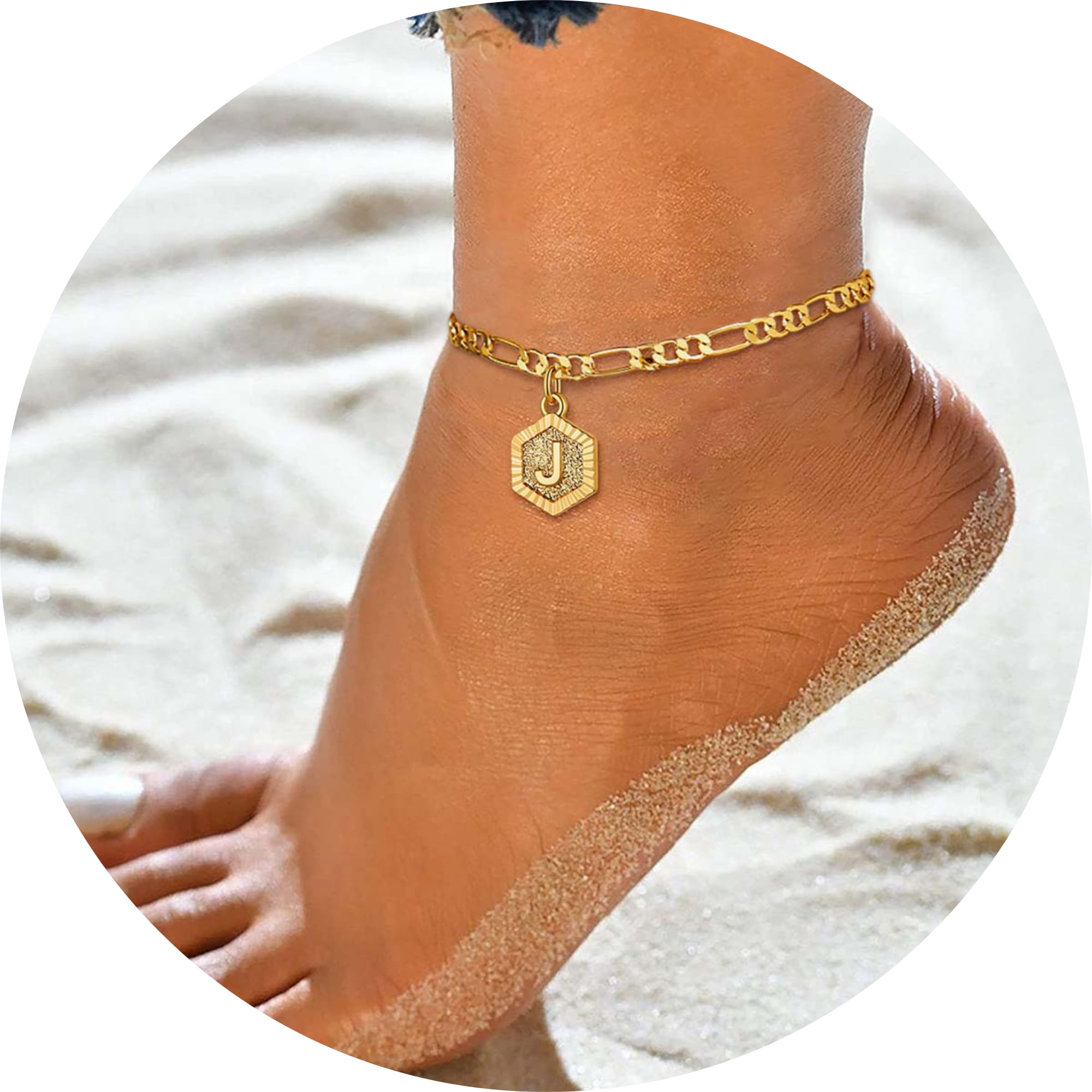 ChainsHouse Ankle Bracelets for Women Initial Anklet,Figaro Cuban Link Gold Anklets Bracelet,Custom Name A-Z Initial, 22-27CM Adjustable(4.5MM), Send Gift Box