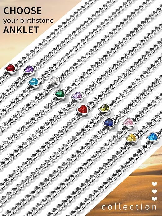 ChainsHouse CubanChain Anklets for Women with Heart Jan-Dec Birthstone,Stainless Steel 6mm Link Chain Adjustable Ankle Bracelet for Girls Growth Birthday Gift