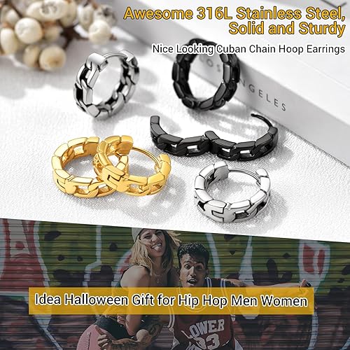 ChainsHouse Small Chunky Huggie Hoop Earrings for Men Women,Cuban Link Earrings Black/18K Gold Stainless Steel, Lightweight and Comfy Earrings, Come Gift Box