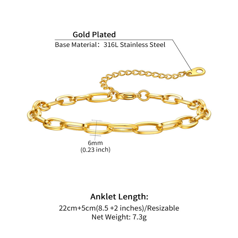 ChainsHouse Paperclip Link Anklets for Women Stainless Steel Waterproof 6mm Width Ankle Bracelets Summer Beach Jewelry with Gift Box