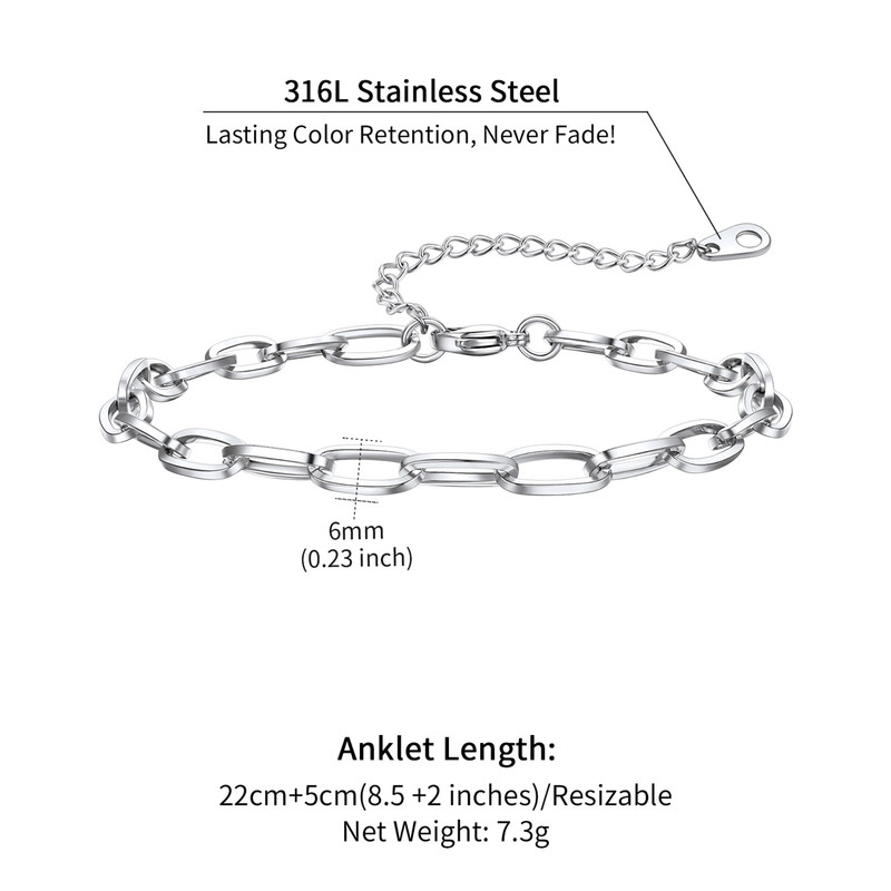 ChainsHouse Paperclip Link Anklets for Women Stainless Steel Waterproof 6mm Width Ankle Bracelets Summer Beach Jewelry with Gift Box