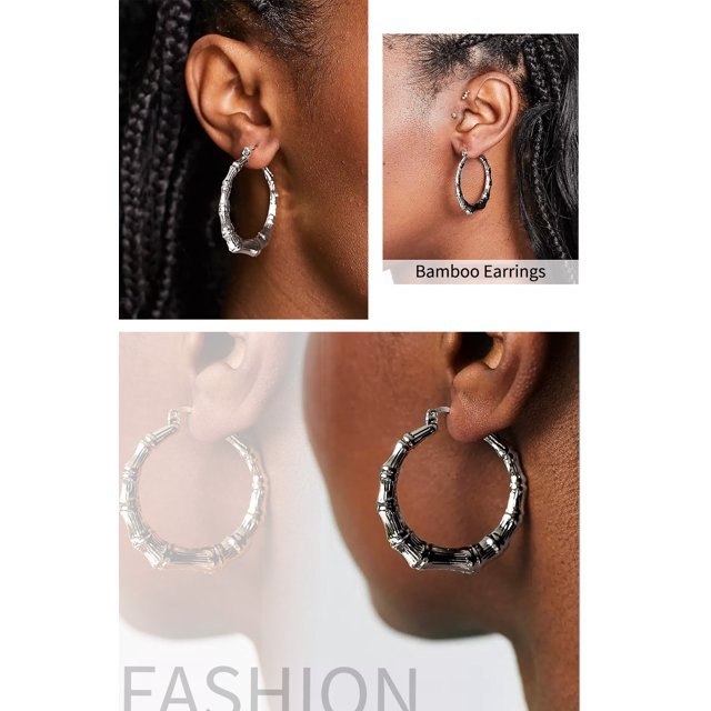 ChainsHouse Hoop Bamboo Earrings For Women, Hypoallergenic 316L Stainless Steel/Black/18K Real Gold Plated Dangle Hoops For Mom Birthday Mother's Day Jewelry Gift, 40/60/80mm(Box��