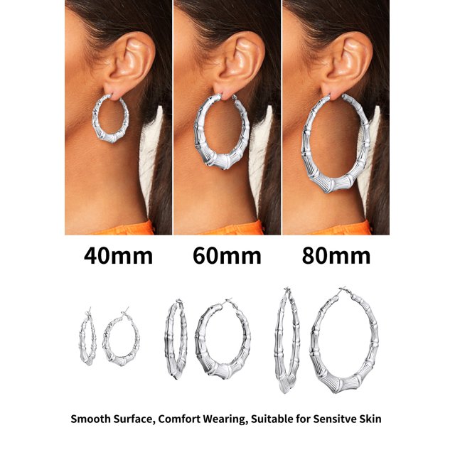 ChainsHouse Hoop Bamboo Earrings For Women, Hypoallergenic 316L Stainless Steel/Black/18K Real Gold Plated Dangle Hoops For Mom Birthday Mother's Day Jewelry Gift, 40/60/80mm(Box��