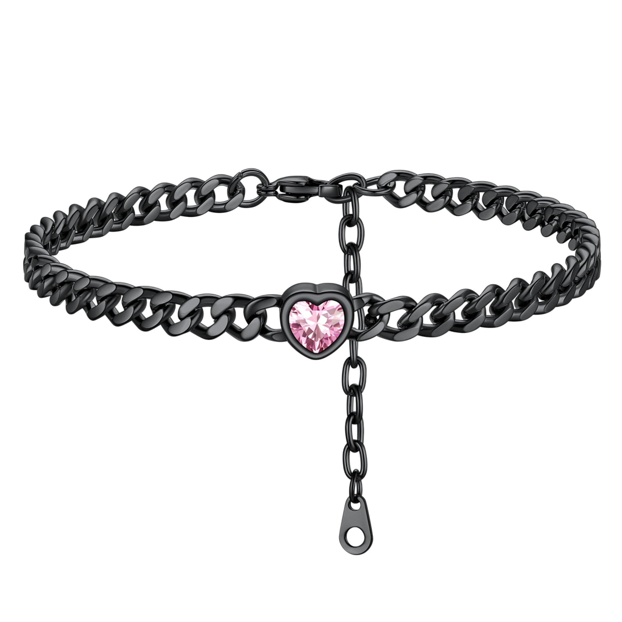 ChainsHouse CubanChain Anklets for Women with Heart Jan-Dec Birthstone,Stainless Steel 6mm Link Chain Adjustable Ankle Bracelet for Girls Growth Birthday Gift
