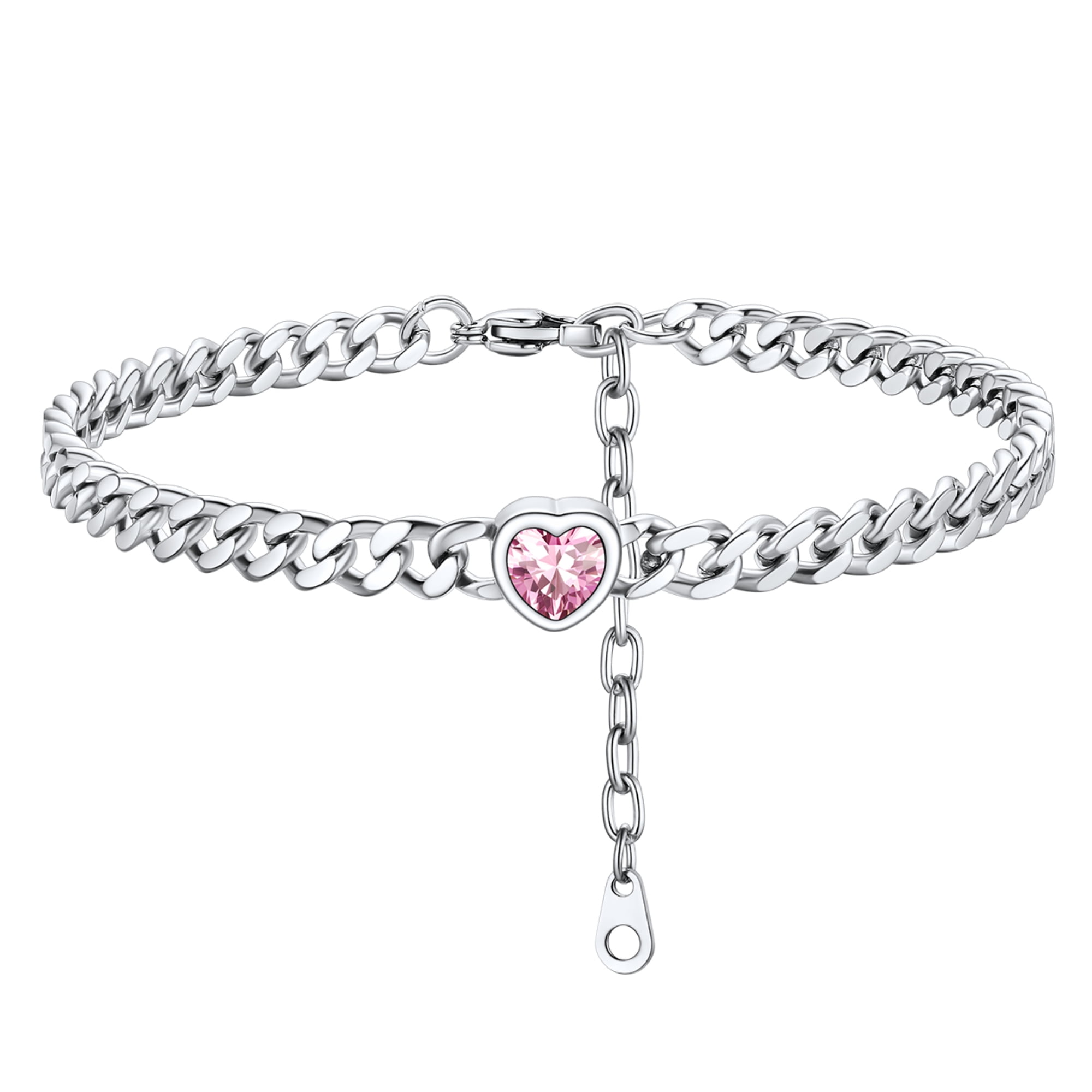ChainsHouse CubanChain Anklets for Women with Heart Jan-Dec Birthstone,Stainless Steel 6mm Link Chain Adjustable Ankle Bracelet for Girls Growth Birthday Gift