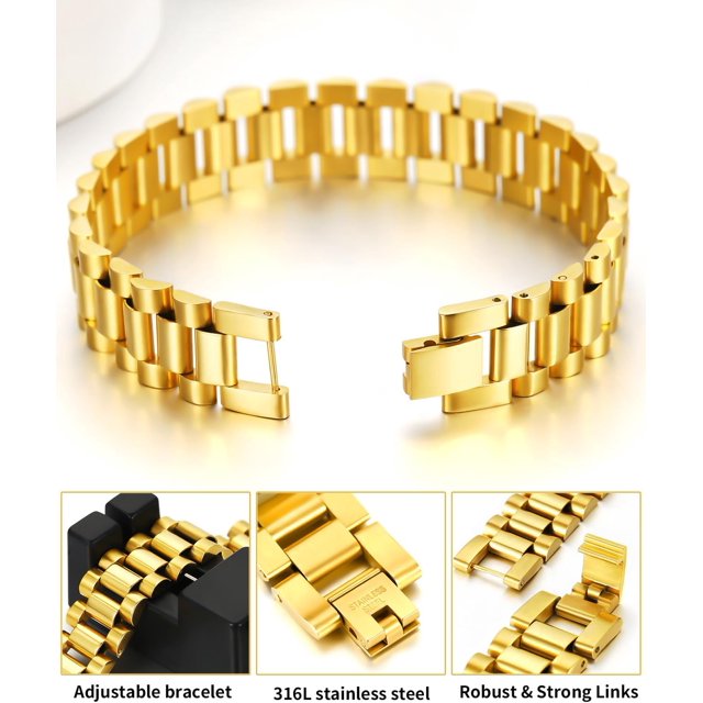 ChainsHouse Wristband ID Bracelets for Women,Custom Bracelets Mother's Day Gift 18K Gold Chunky Bracelet Bangle Jewelry for Gift, with Removal Tool, 10/15/15.5MM Width, 8.27/8.66"Length(Box)