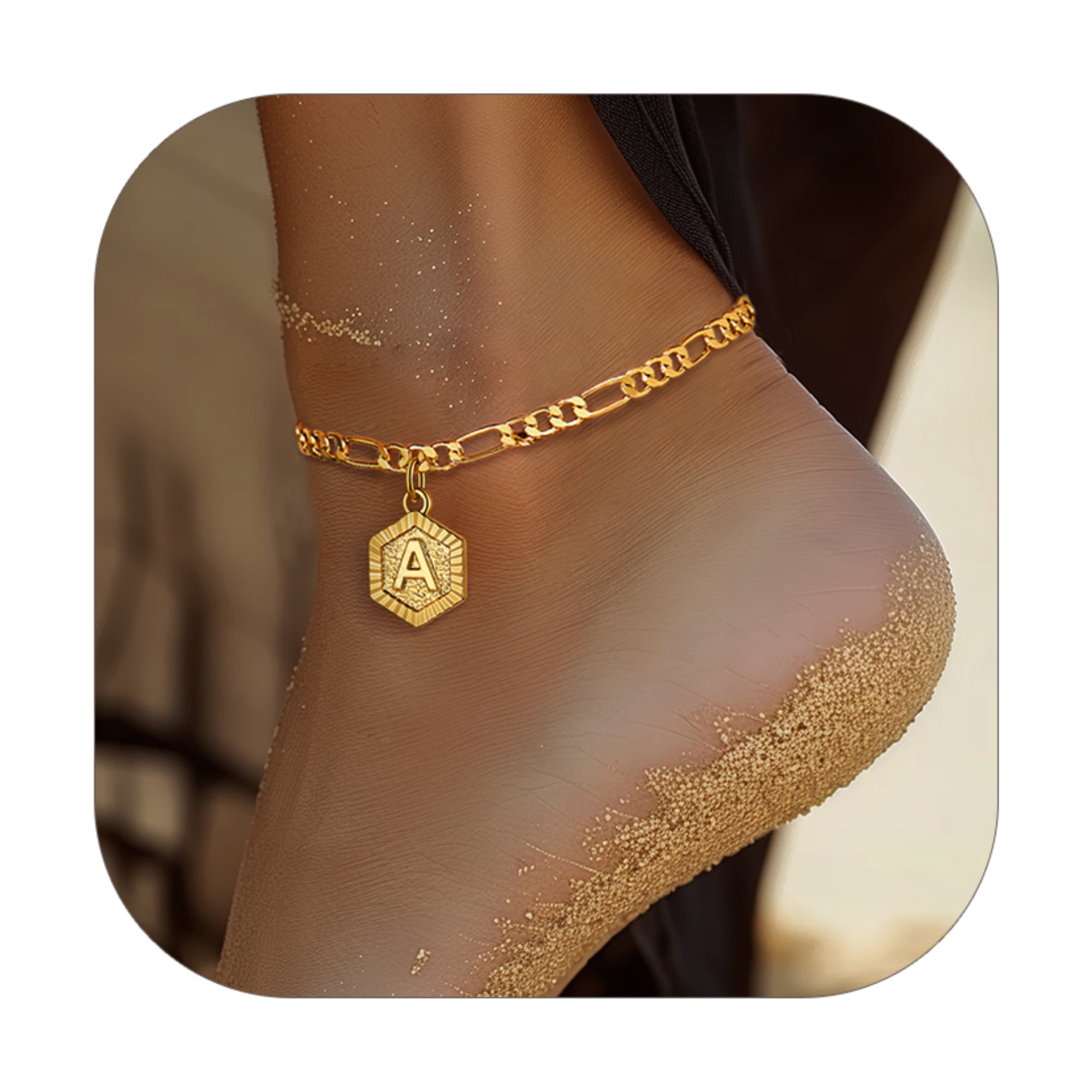 ChainsHouse Ankle Bracelets for Women Initial Anklet,Figaro Cuban Link Gold Anklets Bracelet,Custom Name A-Z Initial, 22-27CM Adjustable(4.5MM), Send Gift Box