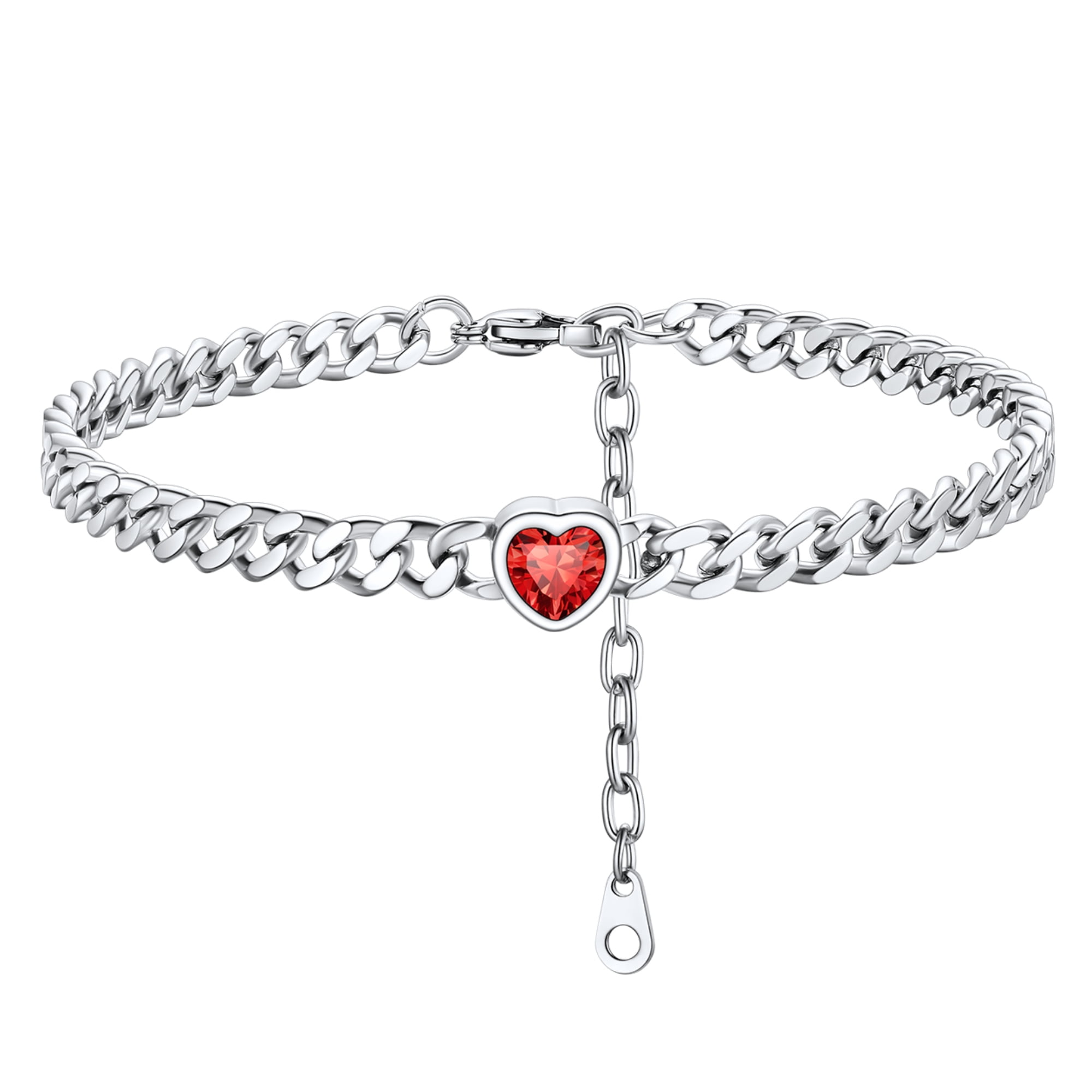 ChainsHouse CubanChain Anklets for Women with Heart Jan-Dec Birthstone,Stainless Steel 6mm Link Chain Adjustable Ankle Bracelet for Girls Growth Birthday Gift