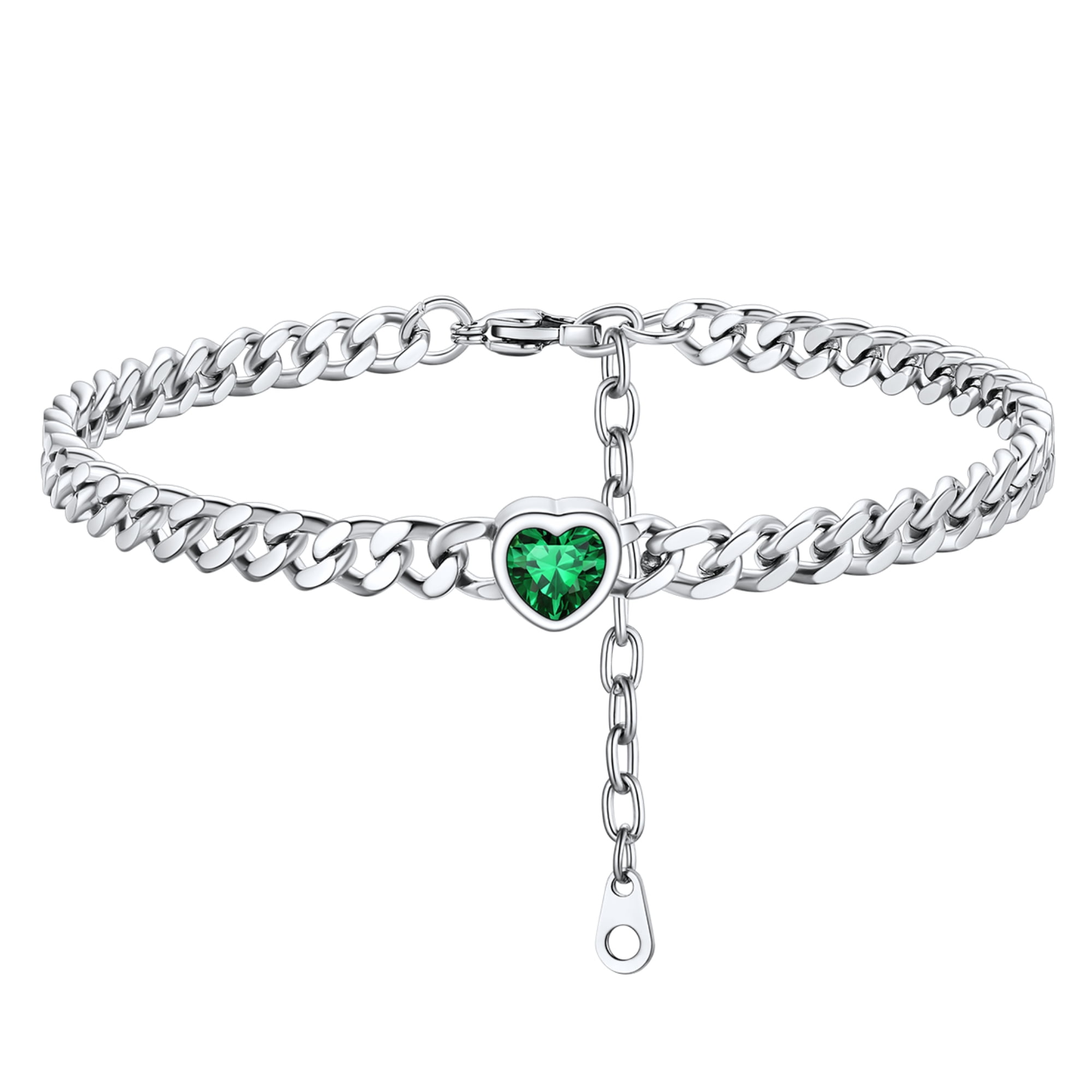 ChainsHouse CubanChain Anklets for Women with Heart Jan-Dec Birthstone,Stainless Steel 6mm Link Chain Adjustable Ankle Bracelet for Girls Growth Birthday Gift