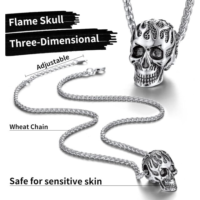ChainsHouse Skull Necklace for Men, Memento Mori Skeleton Necklace Punk Jewelry Biker Necklace for Boys Women Stainless Steel Pendant Jewelry,with Gift Box
