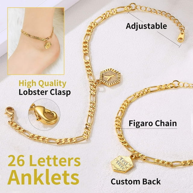 ChainsHouse Ankle Bracelets for Women Initial Anklet,Figaro Cuban Link Gold Anklets Bracelet,Custom Name A-Z Initial, 22-27CM Adjustable(4.5MM), Send Gift Box