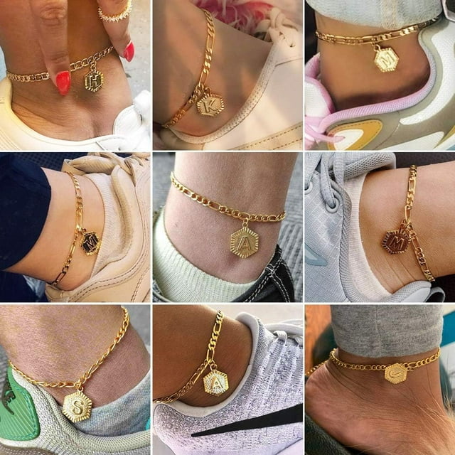 ChainsHouse Ankle Bracelets for Women Initial Anklet,Figaro Cuban Link Gold Anklets Bracelet,Custom Name A-Z Initial, 22-27CM Adjustable(4.5MM), Send Gift Box