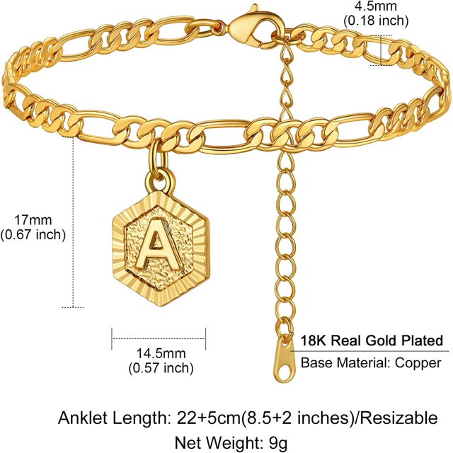 ChainsHouse Ankle Bracelets for Women Initial Anklet,Figaro Cuban Link Gold Anklets Bracelet,Custom Name A-Z Initial, 22-27CM Adjustable(4.5MM), Send Gift Box