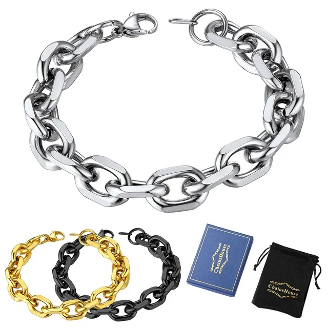 ChainsHouse Bracelet for Women Rolo Cable Chain Link Bracelets 7.5/8.3" Length, Stainless Steel Bracelets for Holiday Mother's Day Gift,7mm/9mm/12mm Width(Box)