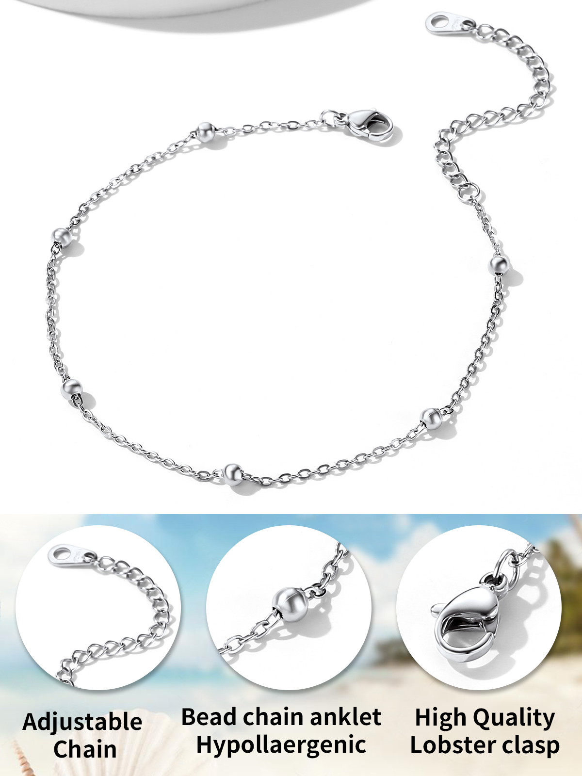 ChainsHouse Anklet for Women Stainless Steel Summer Bracelets Beaded Cuban Chain Anklets Set for Women Girls Summer Beach Jewelry Christmas Gifts (Box��