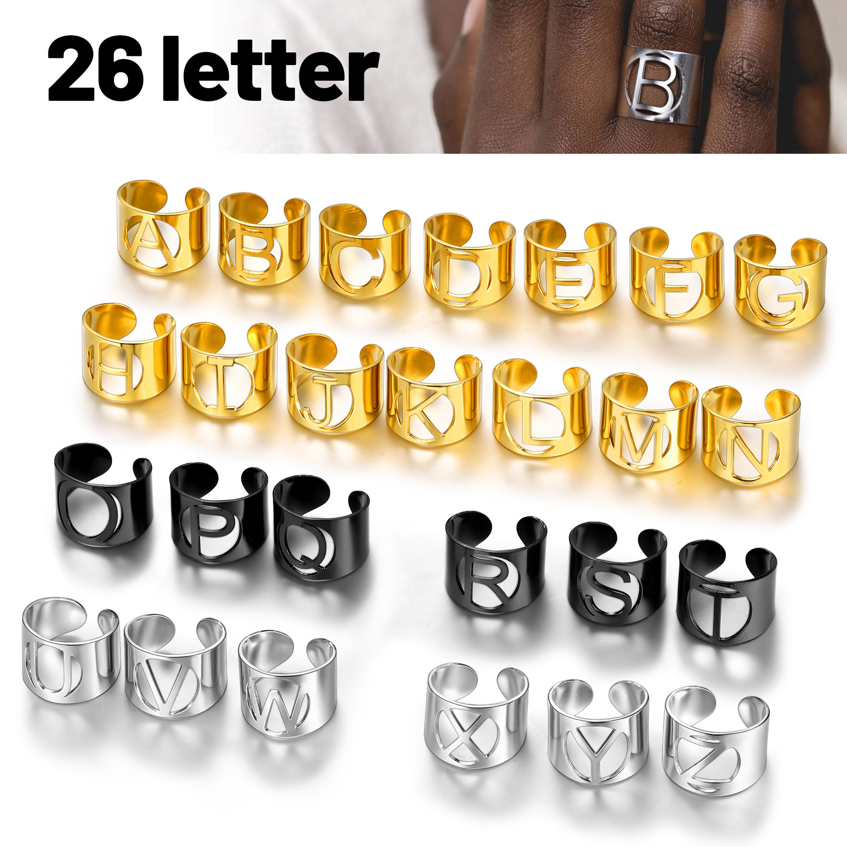 ChainsHouse Initial Signet Rings for Women/Men,Black Custom Letter A-Z Ring for Girls Boys Adjustable Name Alphabet Ring Personalized Jewelry Birthday Gifts��Box��