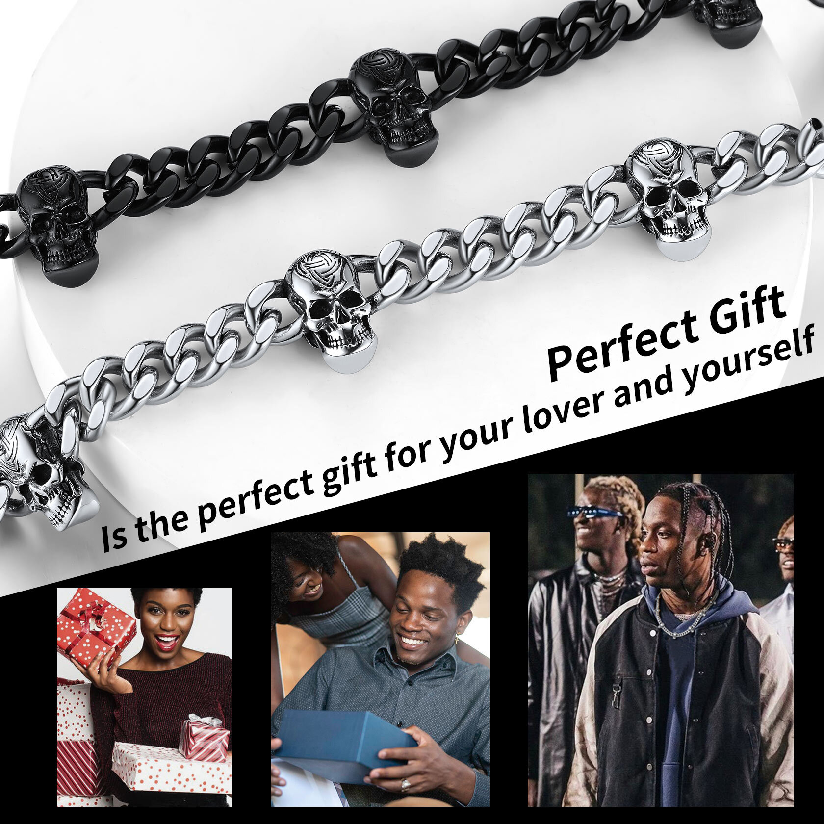 ChainsHouse Cuban Link Skull Necklaces for Men,Stainless Steel Gothic Skeleton Choker  Curb Necklaces Punk Jewelry for Father's Day Gift,16"-20"Length(Box??
