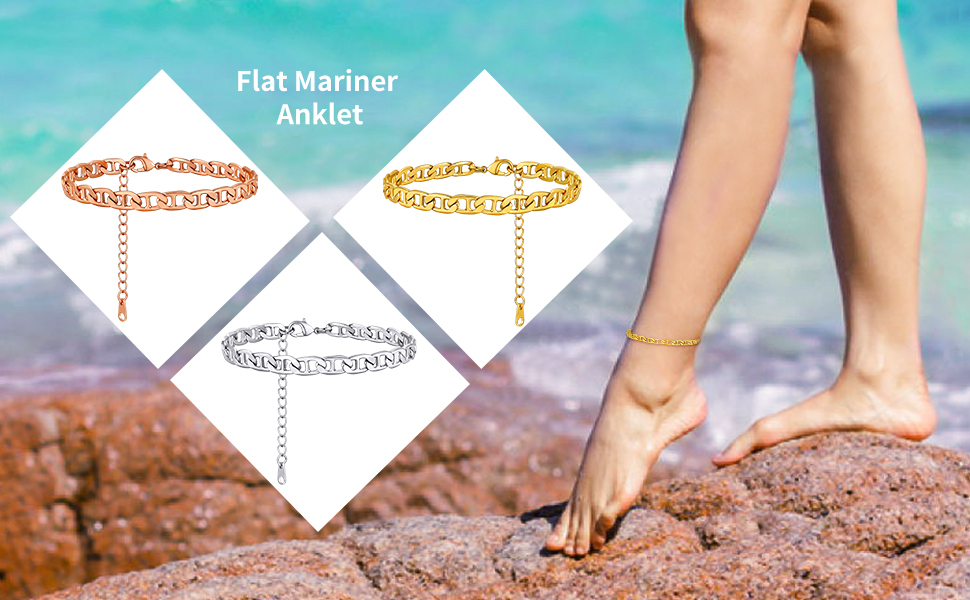 ChainsHouse Anklets for Women Waterproof Gold Ankle Chain, Flat Marina Link Anklet Summer Beach Anklets Jewelry for Girls Birthday Gift��Box��