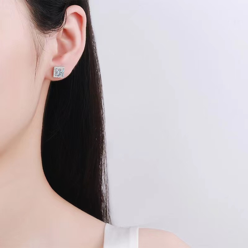 Fashion Halo Princess Cut  Stud Earrings In Sterling Silver-Sterling Silver-lornajewelry