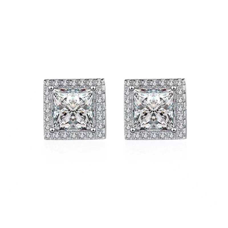Fashion Halo Princess Cut  Stud Earrings In Sterling Silver-Sterling Silver-lornajewelry