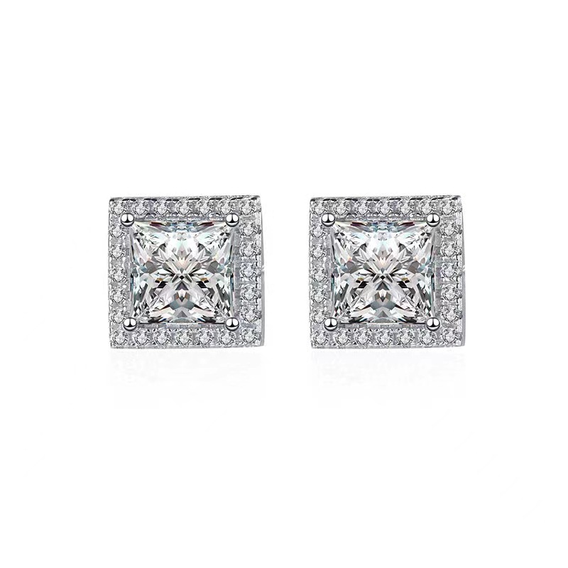 Fashion Halo Princess Cut  Stud Earrings In Sterling Silver-Sterling Silver-lornajewelry