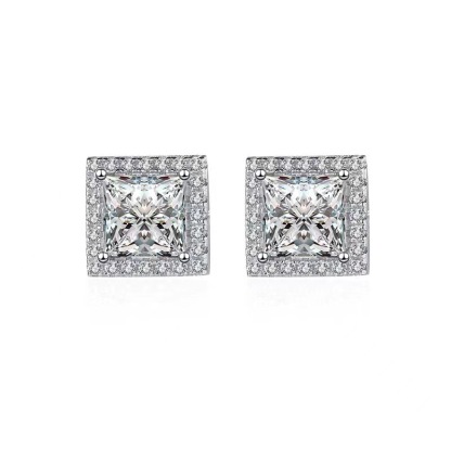 Fashion Halo Princess Cut  Stud Earrings In Sterling Silver-Sterling Silver-lornajewelry
