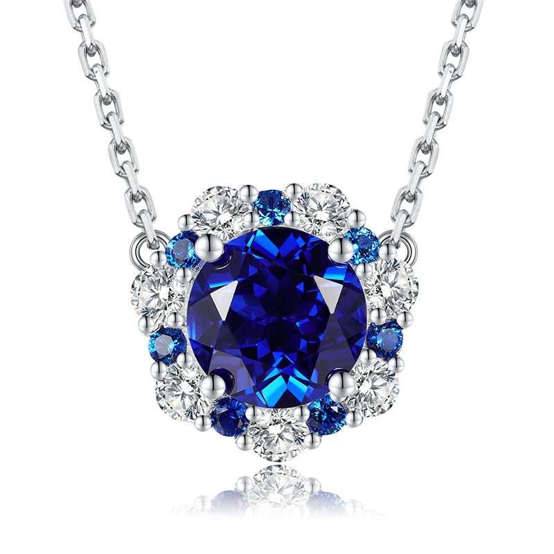 Vintage Halo Round Cut Blue Sapphire Women's Pendant Necklace-Sterling Silver-lornajewelry