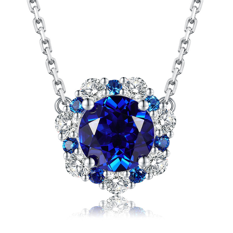 Vintage Halo Round Cut Blue Sapphire Women's Pendant Necklace-Sterling Silver-lornajewelry