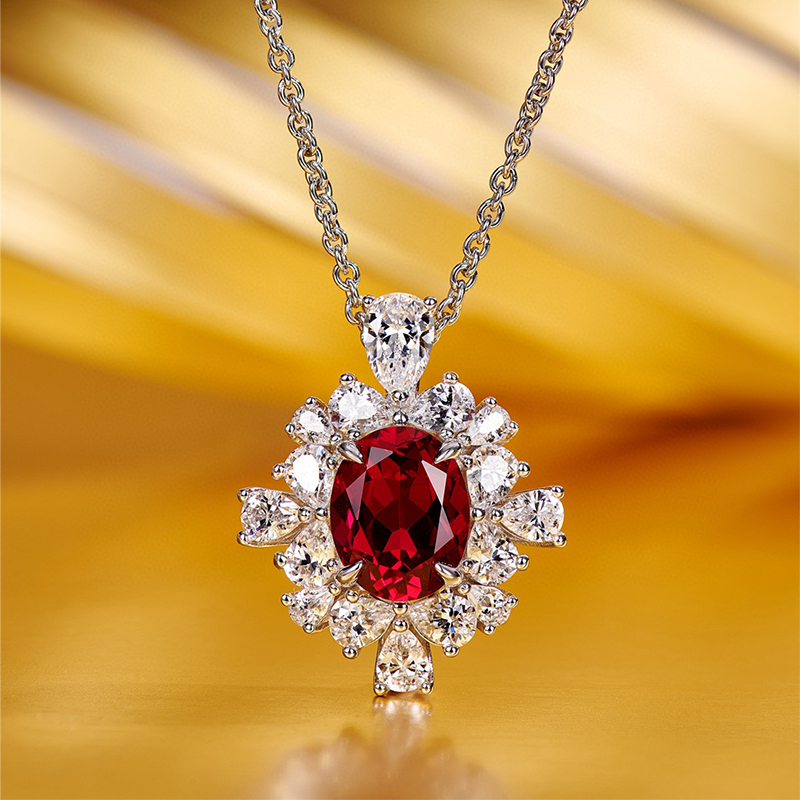 2.5 Carat Halo Ruby Oval Cut Pendant with Necklace In Sterling Silver-Sterling Silver-lornajewelry