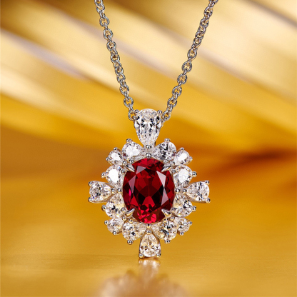 2.5 Carat Halo Ruby Oval Cut Pendant with Necklace In Sterling Silver-Sterling Silver-lornajewelry