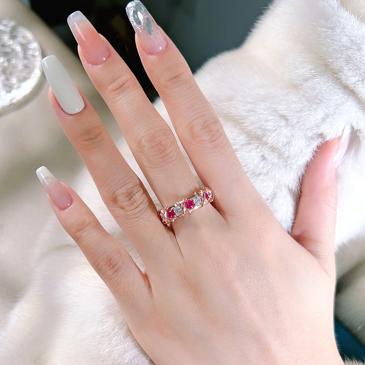 Rose Ruby and White Round Cut X-Prong Setting Rose Gold Band-Sterling Silver-lornajewelry