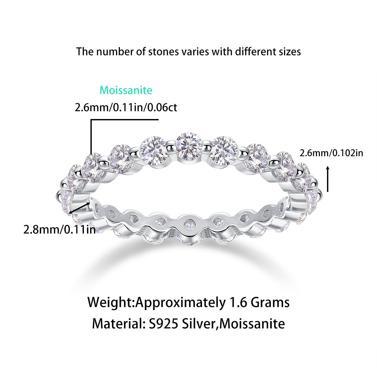 Moissanite Bezel-Set Full Eternity Wedding Band Ring In Sterling Silver-Sterling Silver-lornajewelry