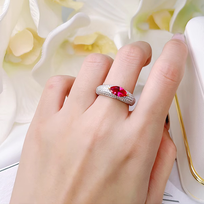 1Ct Rose Ruby Marquise Cut Pave Setting Ring-Sterling Silver-lornajewelry