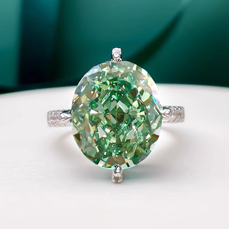 11Ct Green Oval Cut Pave Setting Ring-Sterling Silver-lornajewelry